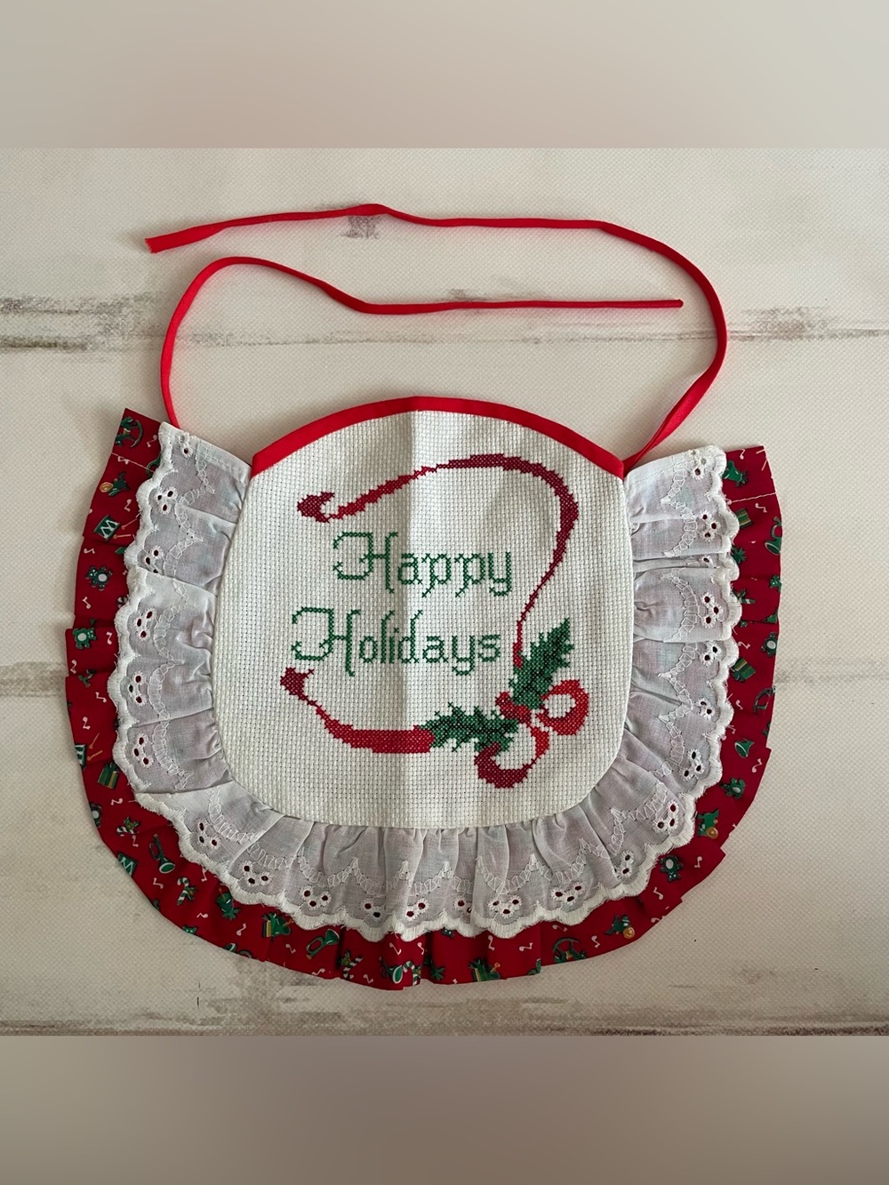 Vintage Cross Stitch Baby Bib Happy Holidays Red Green White Cottagecore Ruffle